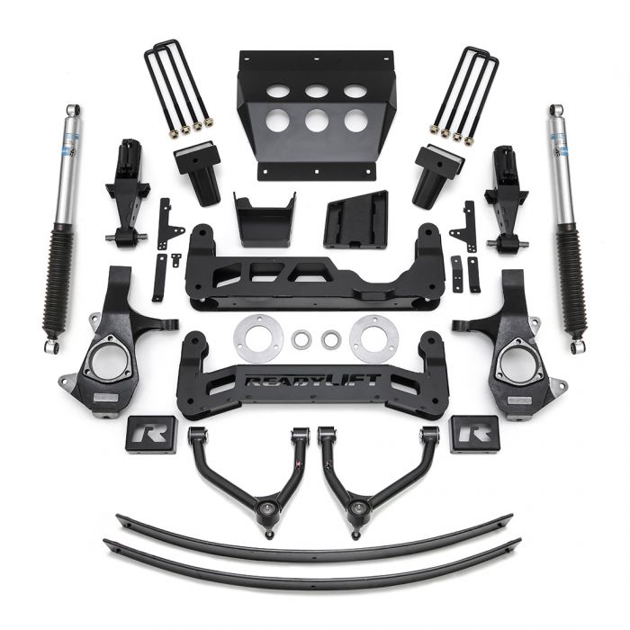 Deconstructed chevy truck suspension. Shows complete 9" suspension lift kit.